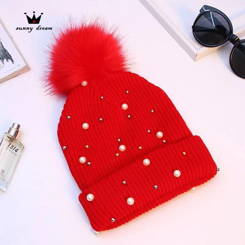 H00007 Pearl Imitatio Fox Fur Ball Ladies Knitted Hat