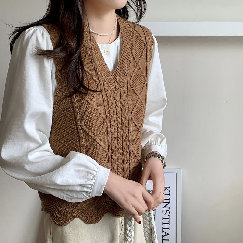 SM-K0025 Spring/Aestas V-collum Solidum Color Single-breasted Women's Knitted Vest