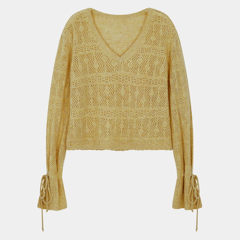 ML2201 Cut-out Cuff Tie V-collum Pullover Knitted Jumper