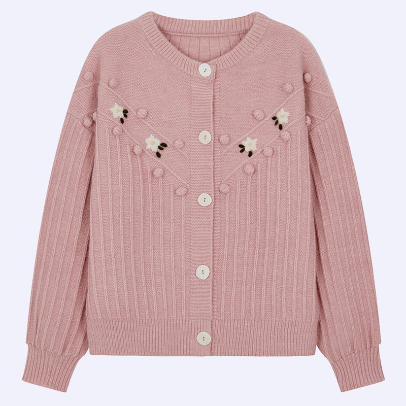 ML2211 Cute Crew Neck Puff Sleeve Knitted Cardigan Sweater