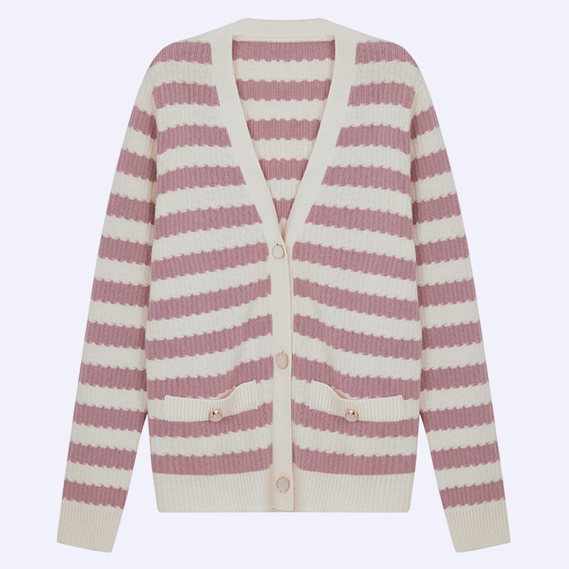 ML2204 Pink Et Alba Striata V-collum Knitted Cardigan Sweater Jacket