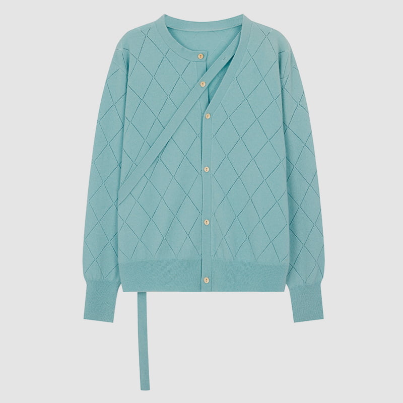 ML2212 Diamond Coelen Neckline Ribbon Design Knit Cardigan Sweater