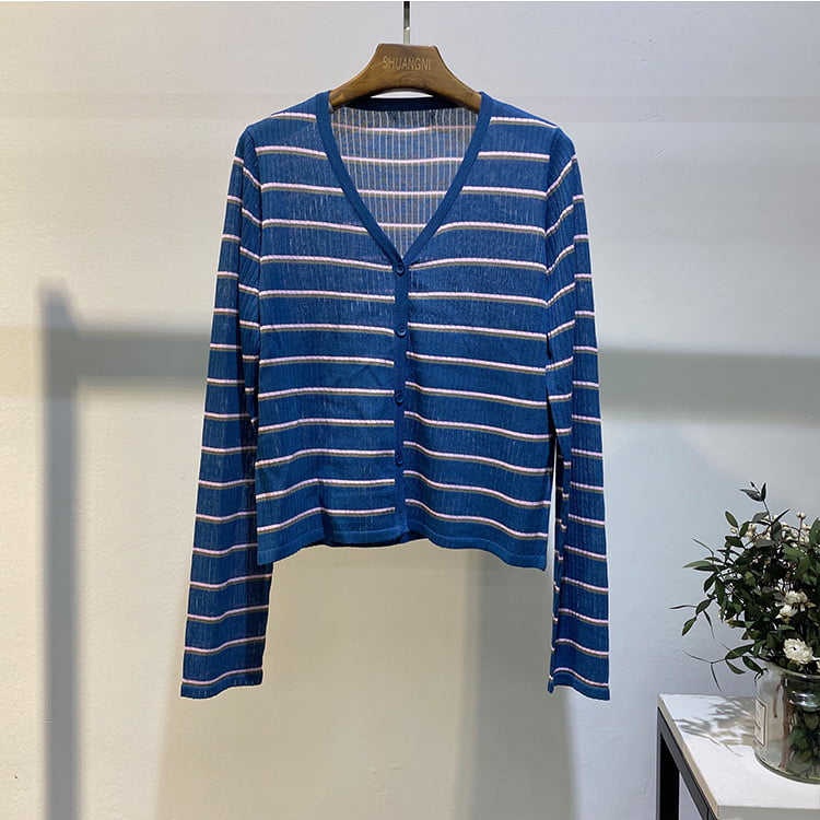SM-K0001 aestas Women scriptor Outerwear Coreanica Linteo Stripe Solem Clausus Knit Cardigan
