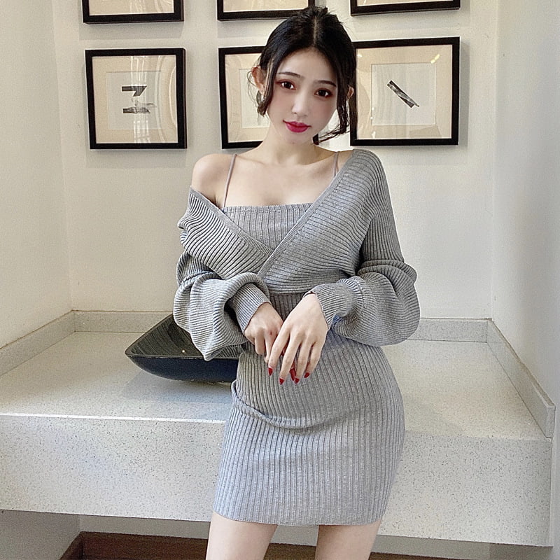 SM-K0090 Sleeve Slim V collum Show graciles falsae duae Knitted Suit