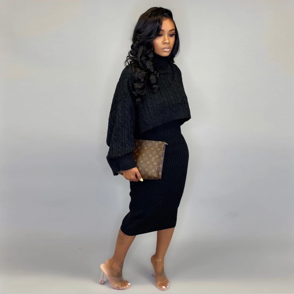 SM-K0091 Short Knitted Long Collarem Bat Sleeve Halter Dress Knitted Suit