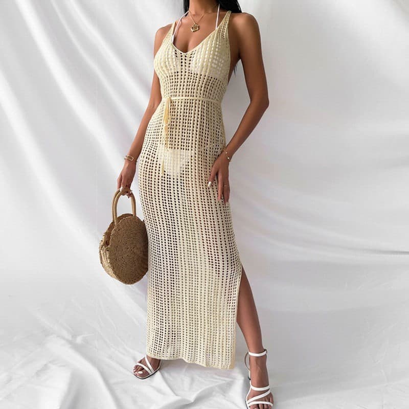 SM-K0109 Hollowed-e Slit Strappy parum pudici Knit Dress