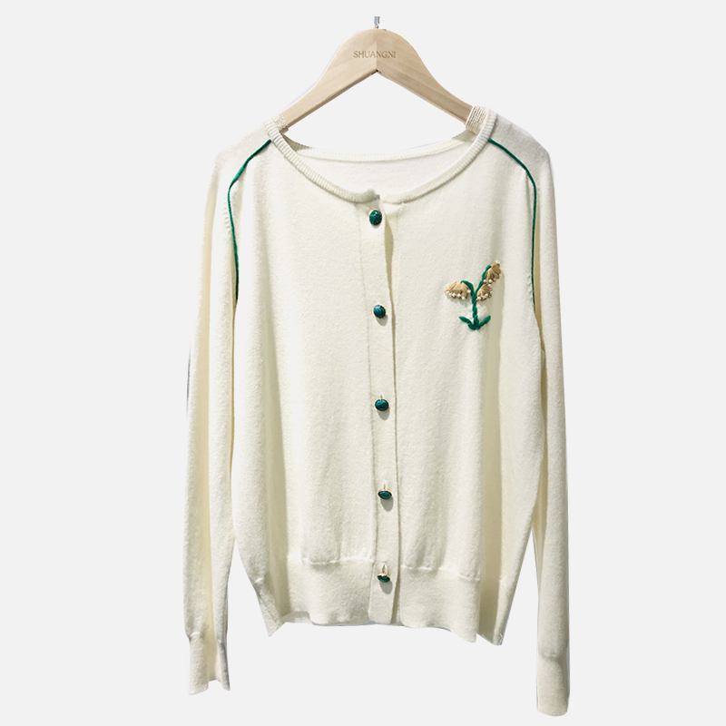 SNS076 White Little Yellow Flower Pattern College Style Crew Neck Knit Cardigan