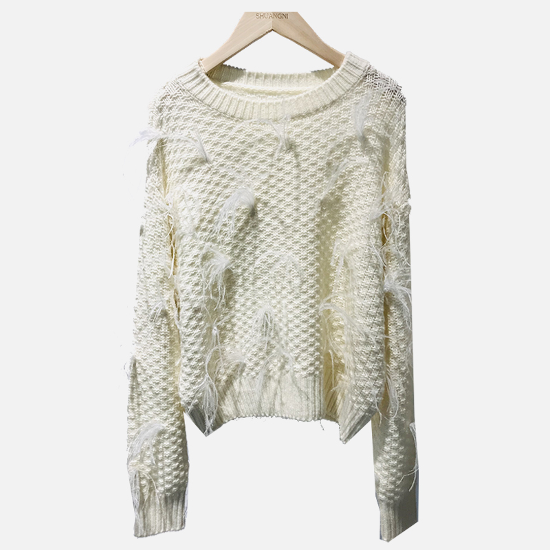 SNS061 Pluma Ornatus Knitted Sweater circum collum album